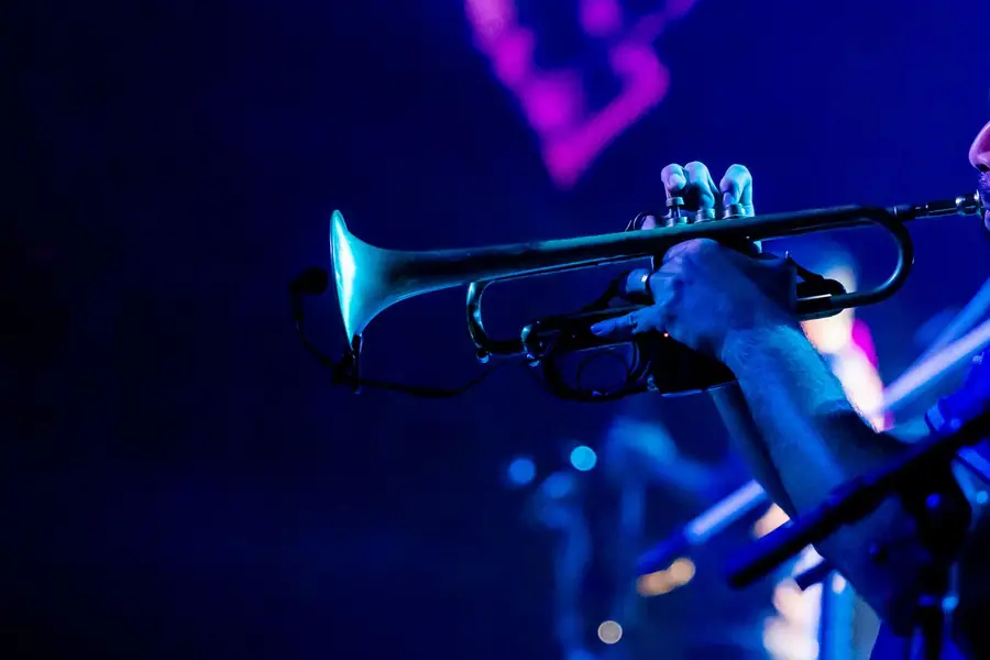 A trumpeter playing during a live performance under stage light — a stock photograph illustrating the scenario.